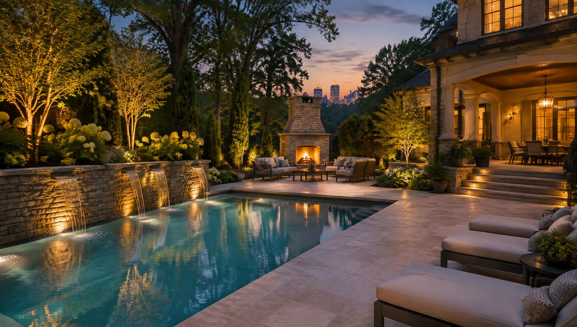 Luxury Atlanta backyard with pool, stone patio and outdoor fireplace by Heredity Masonry Contractors